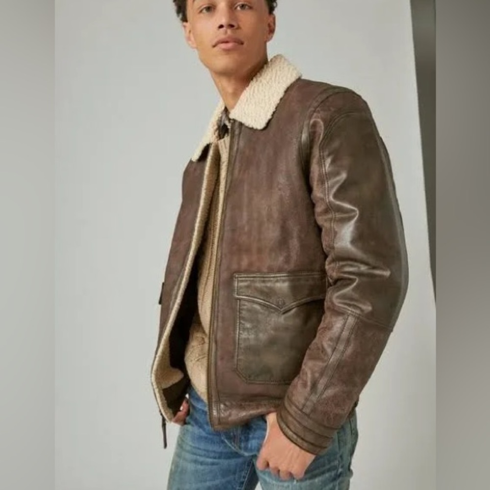 LUCKY BRAND Men's Leather Aviator Jacket With Faux Shearling Collar